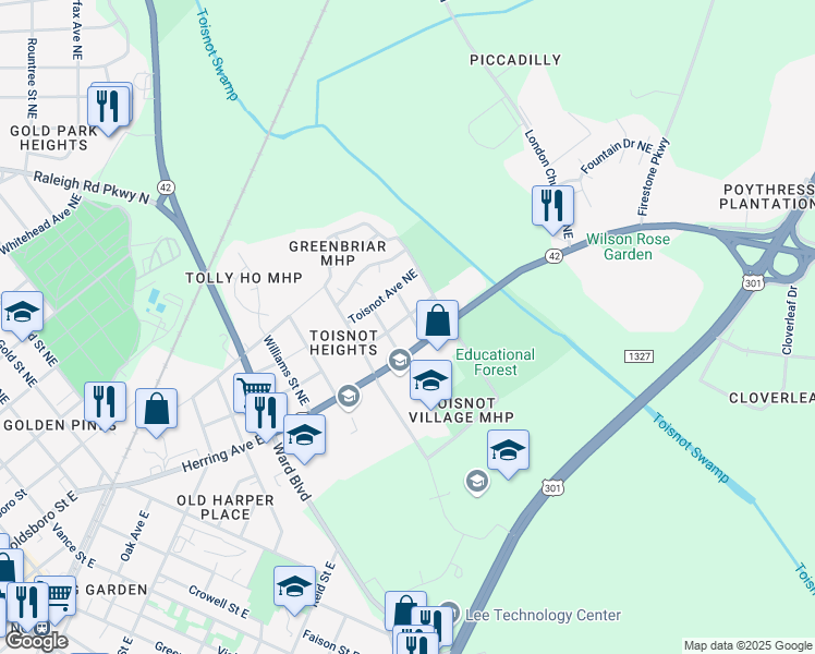 map of restaurants, bars, coffee shops, grocery stores, and more near 1106 Industrial Avenue Northeast in Wilson