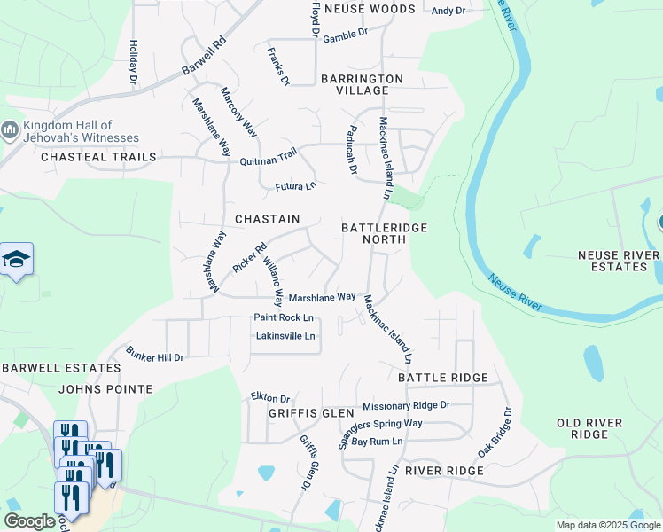 map of restaurants, bars, coffee shops, grocery stores, and more near 3504 Kernstown Drive in Raleigh