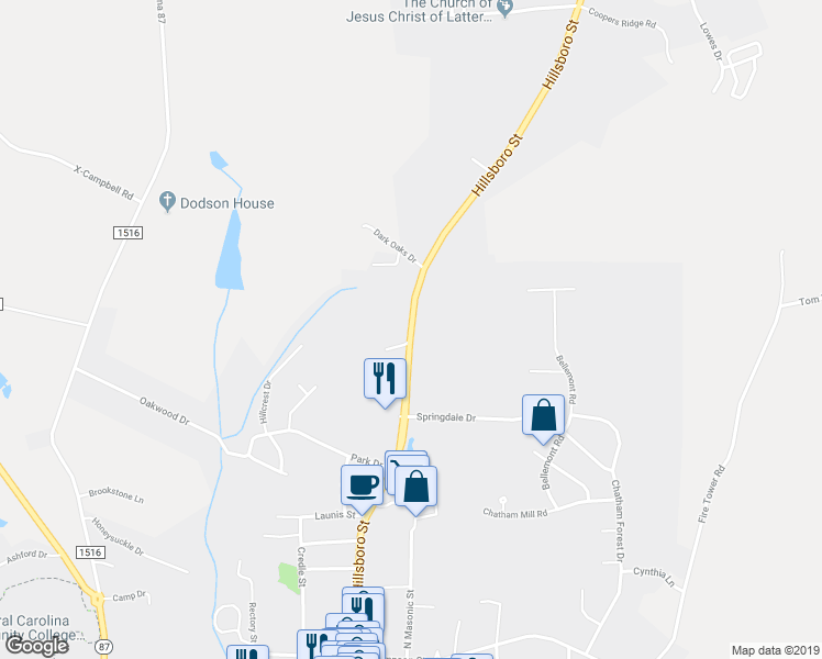 map of restaurants, bars, coffee shops, grocery stores, and more near 892 Hillsboro Street in Pittsboro