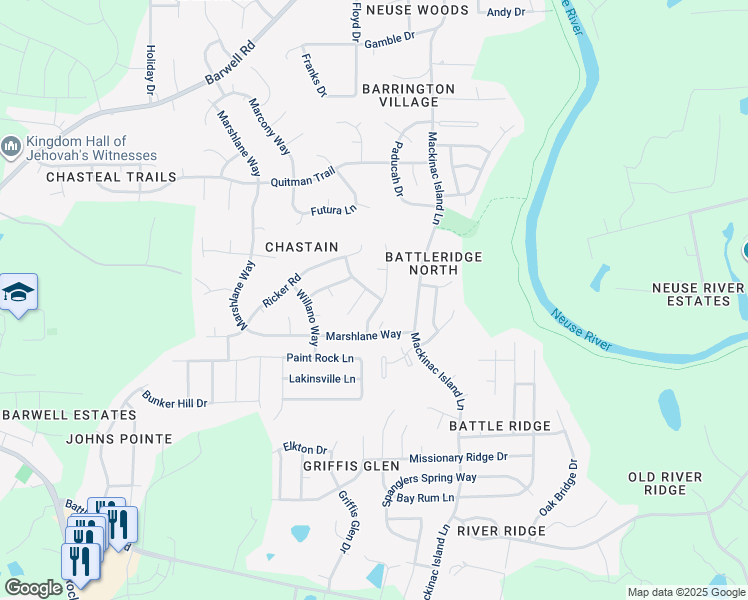 map of restaurants, bars, coffee shops, grocery stores, and more near 3504 Kernstown Drive in Raleigh