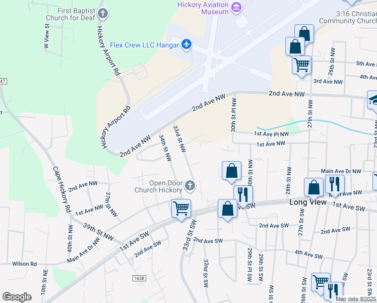 map of restaurants, bars, coffee shops, grocery stores, and more near 100-198 33rd Street Northwest in Hickory