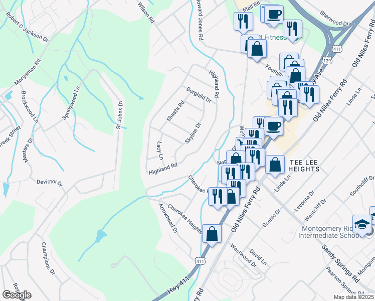 map of restaurants, bars, coffee shops, grocery stores, and more near 2113 Highland Road in Maryville