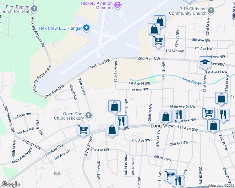 map of restaurants, bars, coffee shops, grocery stores, and more near 83 30th Street Place Northwest in Hickory