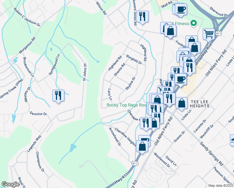 map of restaurants, bars, coffee shops, grocery stores, and more near 2007 Skyline Drive in Maryville
