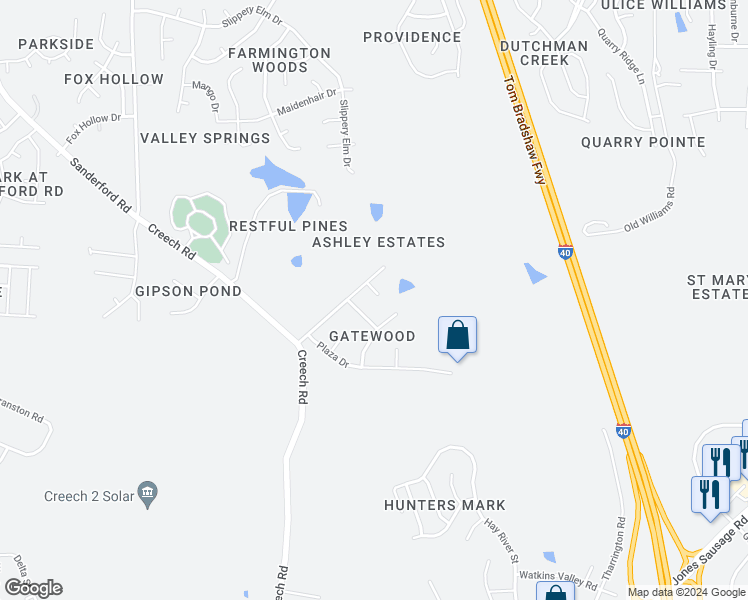 map of restaurants, bars, coffee shops, grocery stores, and more near 104 Southwood Circle in Garner