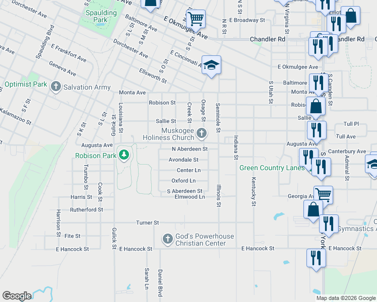 map of restaurants, bars, coffee shops, grocery stores, and more near 1627 North Aberdeen Street in Muskogee