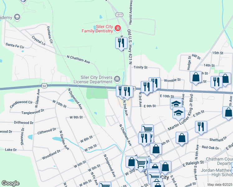 map of restaurants, bars, coffee shops, grocery stores, and more near 931 North Cottage Grove Avenue in Siler City