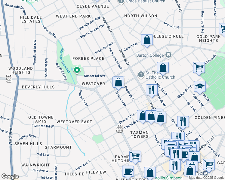 map of restaurants, bars, coffee shops, grocery stores, and more near 1001 Kenan Street West in Wilson