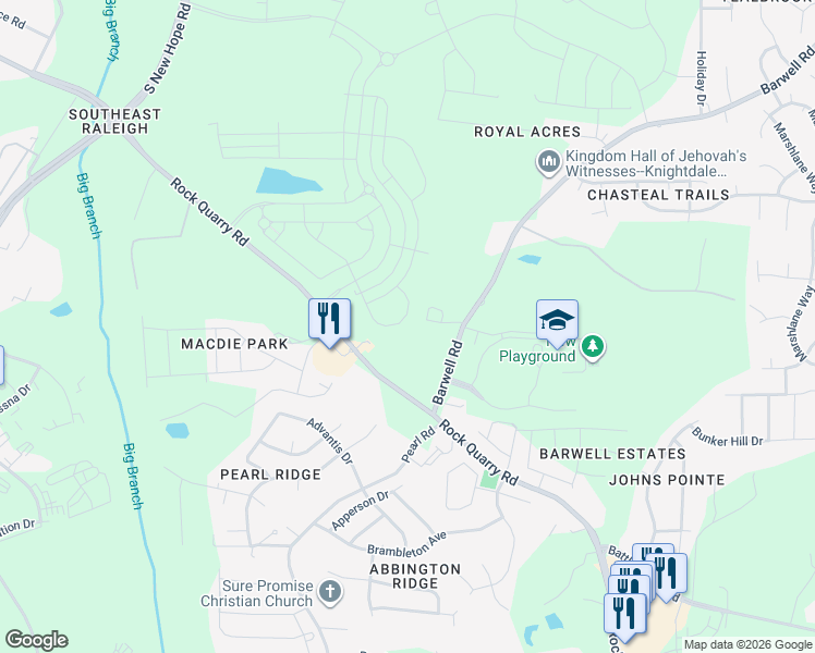 map of restaurants, bars, coffee shops, grocery stores, and more near 3820 Barwell Road in Raleigh