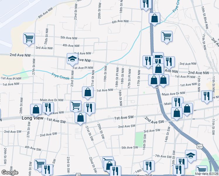 map of restaurants, bars, coffee shops, grocery stores, and more near 1842 1st Avenue Northwest in Hickory