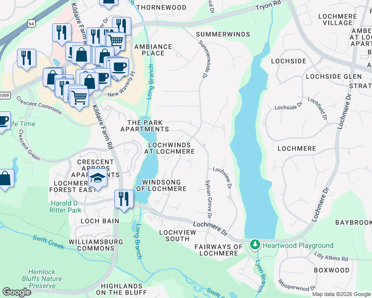 map of restaurants, bars, coffee shops, grocery stores, and more near 803 Summerwinds Drive in Cary