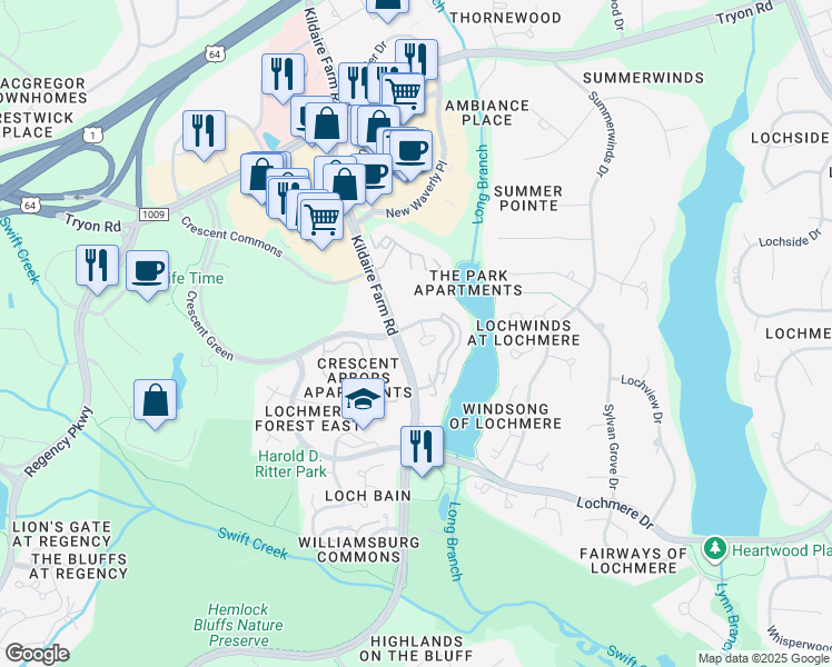 map of restaurants, bars, coffee shops, grocery stores, and more near 102 Loch Bend Lane in Cary