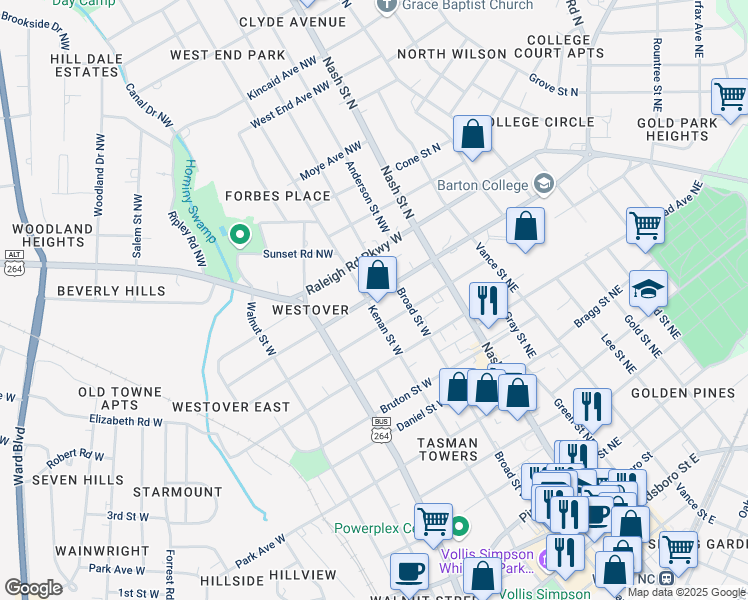 map of restaurants, bars, coffee shops, grocery stores, and more near 908 Kenan Street West in Wilson