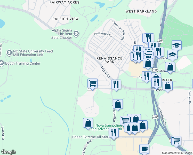 map of restaurants, bars, coffee shops, grocery stores, and more near 653 Cupola Drive in Raleigh
