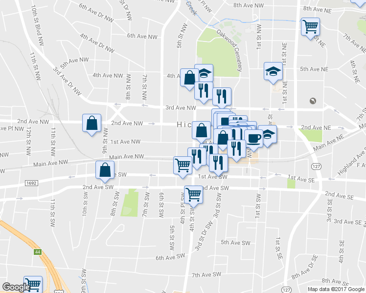 map of restaurants, bars, coffee shops, grocery stores, and more near 429 1st Avenue Northwest in Hickory