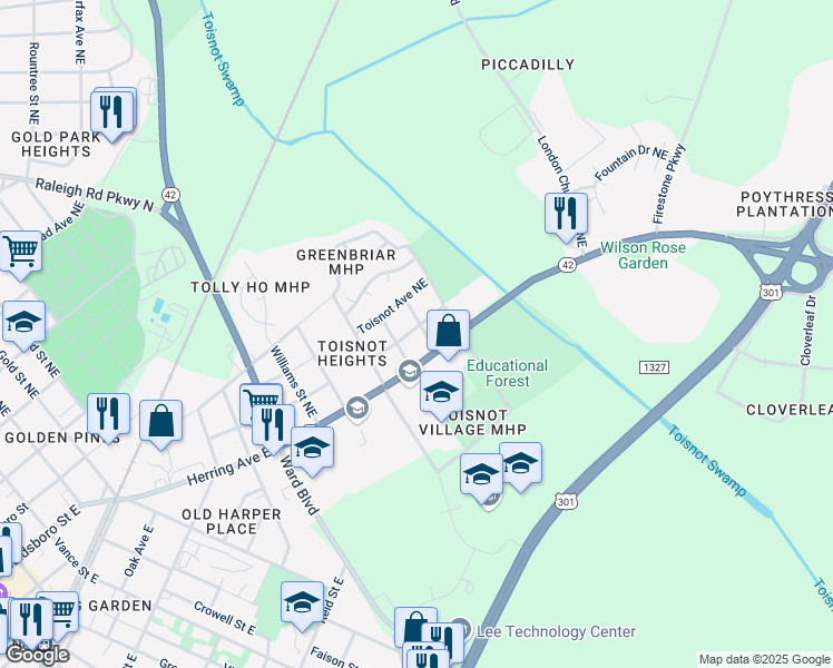 map of restaurants, bars, coffee shops, grocery stores, and more near 1106 Industrial Avenue Northeast in Wilson
