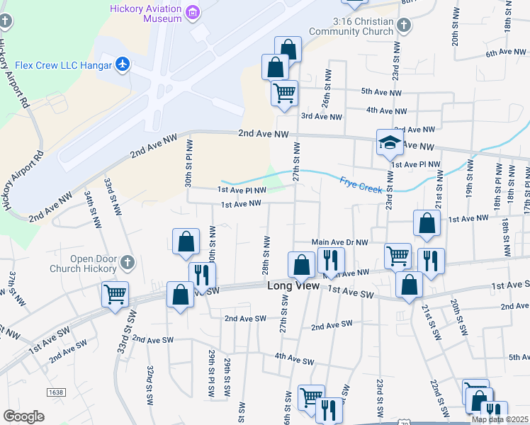 map of restaurants, bars, coffee shops, grocery stores, and more near 79 28th Street Northwest in Hickory