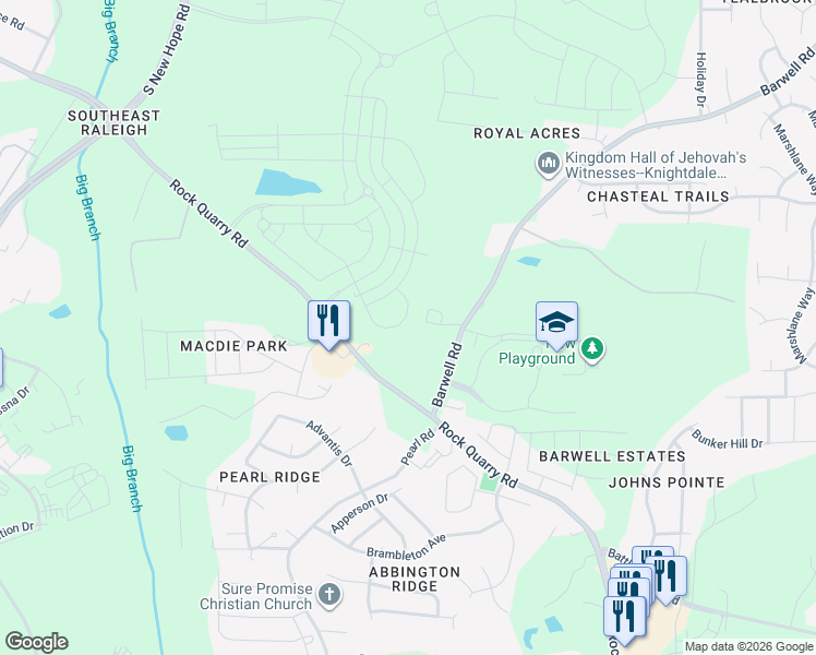 map of restaurants, bars, coffee shops, grocery stores, and more near 3820 Barwell Road in Raleigh
