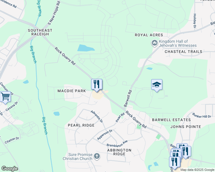 map of restaurants, bars, coffee shops, grocery stores, and more near 5417 Rock Quarry Road in Raleigh