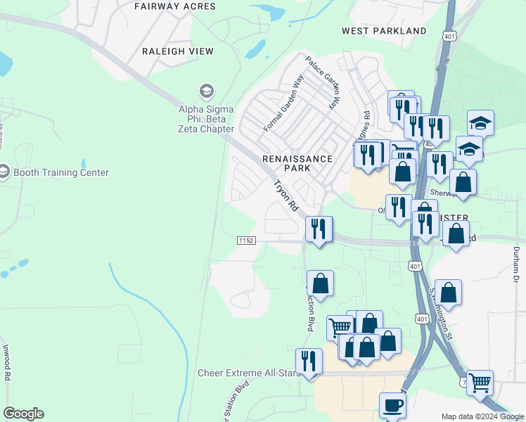 map of restaurants, bars, coffee shops, grocery stores, and more near 653 Cupola Drive in Raleigh