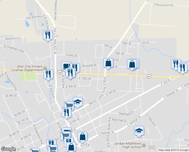 map of restaurants, bars, coffee shops, grocery stores, and more near 620 East 11th Street in Siler City