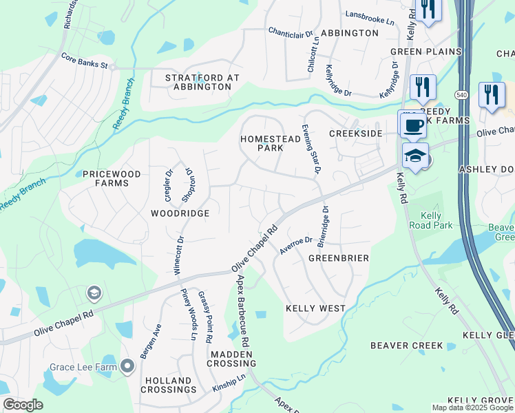 map of restaurants, bars, coffee shops, grocery stores, and more near 2020 Olive Chapel Road in Apex