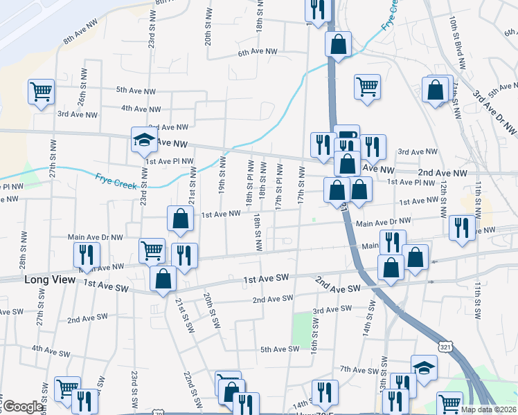 map of restaurants, bars, coffee shops, grocery stores, and more near 1802 1st Avenue Northwest in Hickory