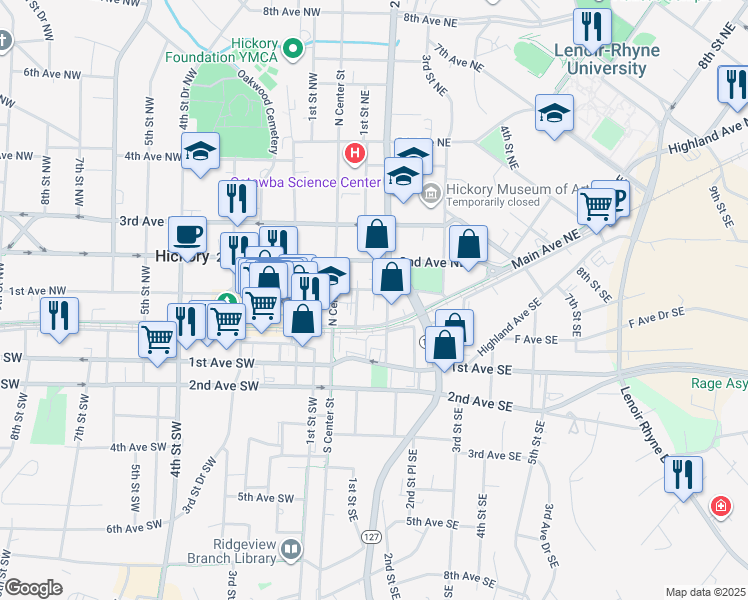 map of restaurants, bars, coffee shops, grocery stores, and more near 114 1st Avenue Northeast in Hickory