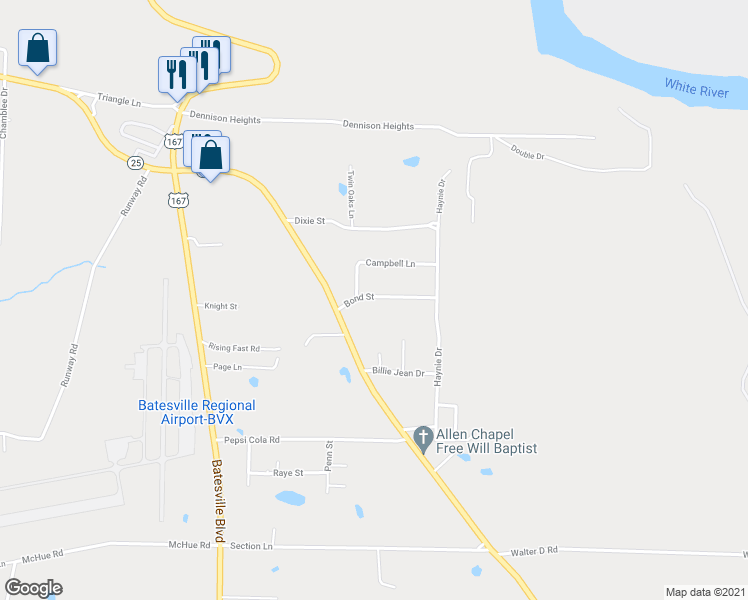 map of restaurants, bars, coffee shops, grocery stores, and more near 70 Bond Street in Batesville