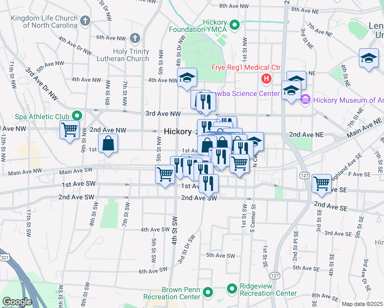 map of restaurants, bars, coffee shops, grocery stores, and more near 327 1st Avenue Northwest in Hickory