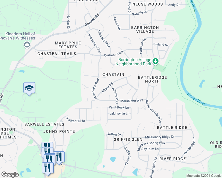 map of restaurants, bars, coffee shops, grocery stores, and more near 3606 Willano Way in Raleigh