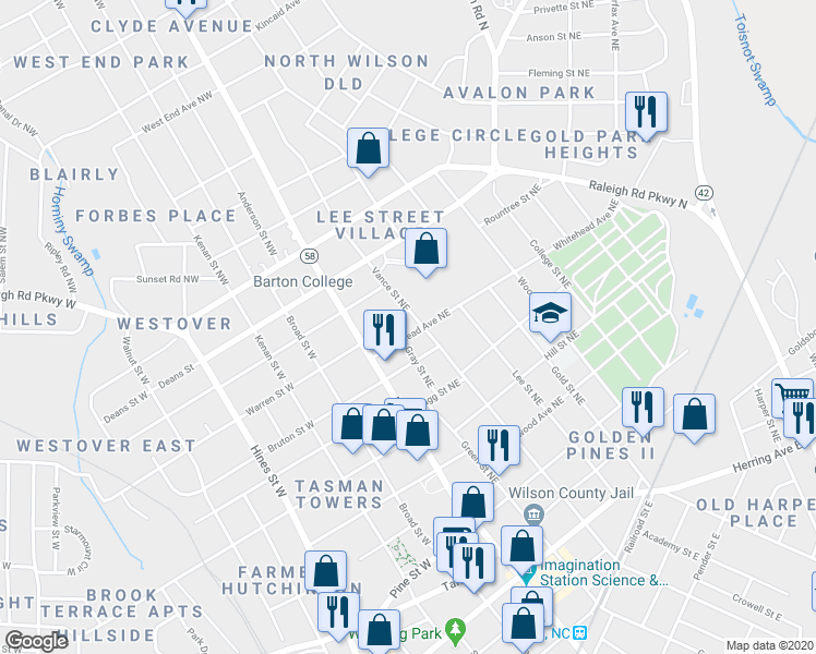 map of restaurants, bars, coffee shops, grocery stores, and more near 113 Whitehead Avenue Northeast in Wilson