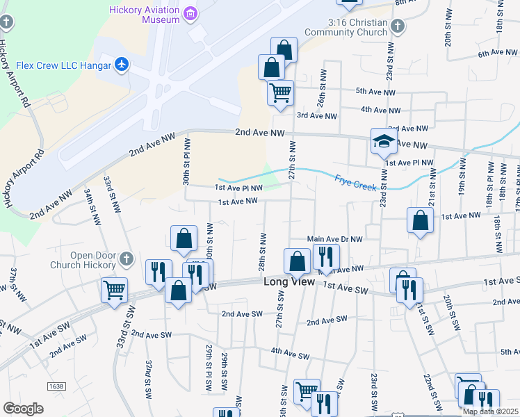 map of restaurants, bars, coffee shops, grocery stores, and more near 79 28th Street Northwest in Hickory