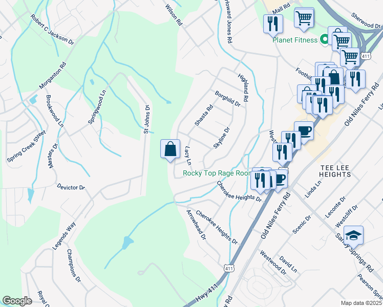 map of restaurants, bars, coffee shops, grocery stores, and more near 2007 Skyline Drive in Maryville