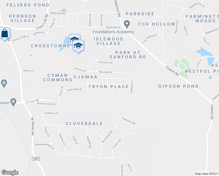 map of restaurants, bars, coffee shops, grocery stores, and more near 3629 Morman Springs Lane in Raleigh