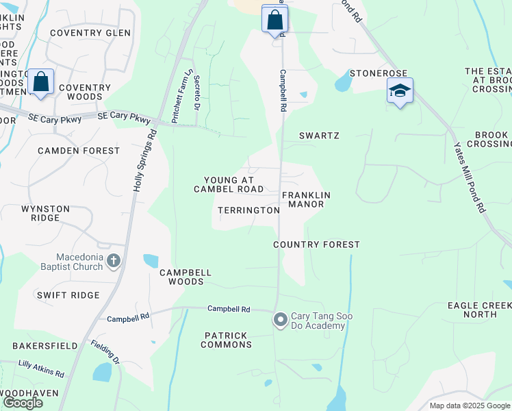 map of restaurants, bars, coffee shops, grocery stores, and more near 5912 Terrington Lane in Raleigh