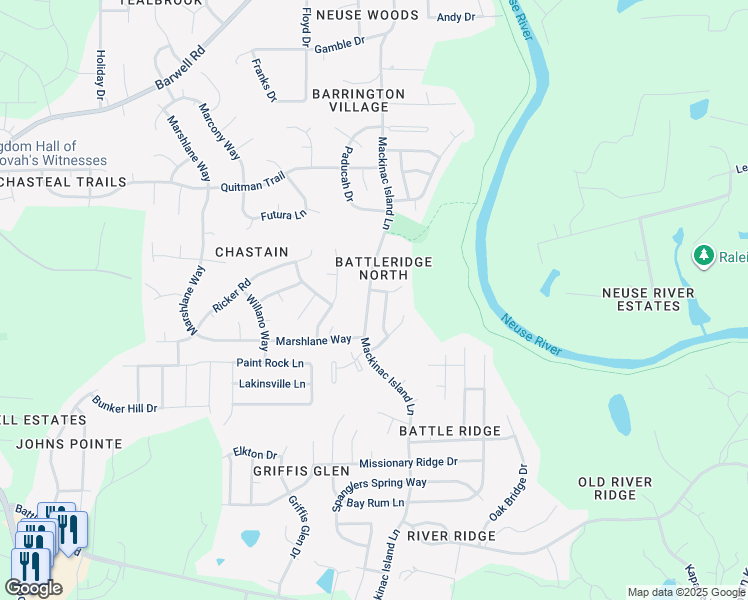 map of restaurants, bars, coffee shops, grocery stores, and more near 3461 Mackinac Island Lane in Raleigh