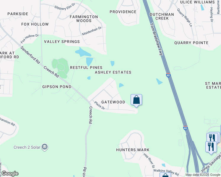 map of restaurants, bars, coffee shops, grocery stores, and more near 102 Southwood Cir in Garner