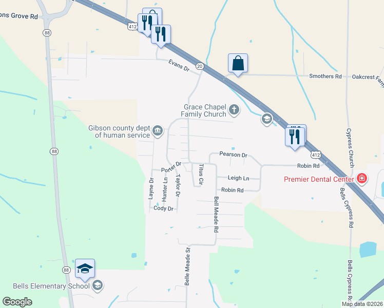 map of restaurants, bars, coffee shops, grocery stores, and more near 18 Cobb Cove in Bells