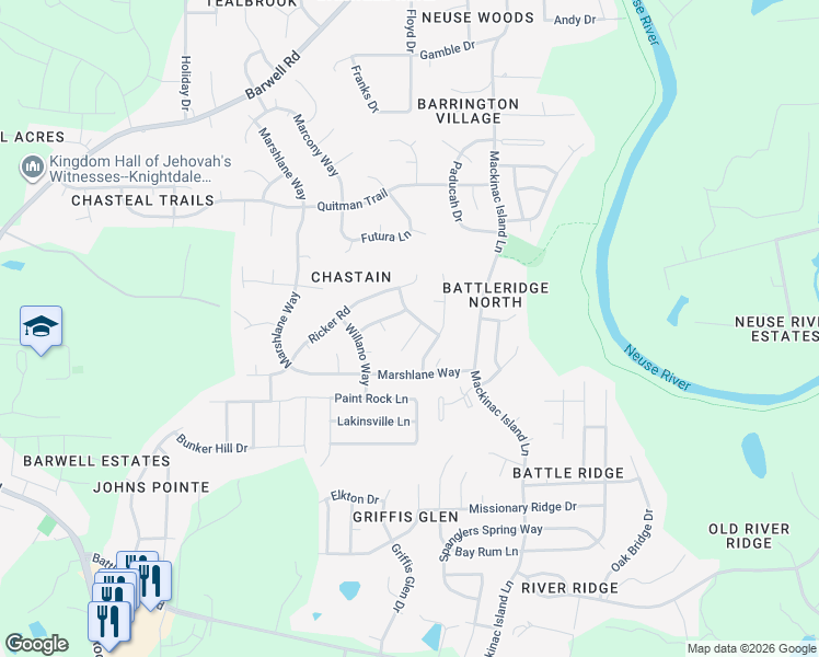 map of restaurants, bars, coffee shops, grocery stores, and more near 6029 Namozine Court in Raleigh
