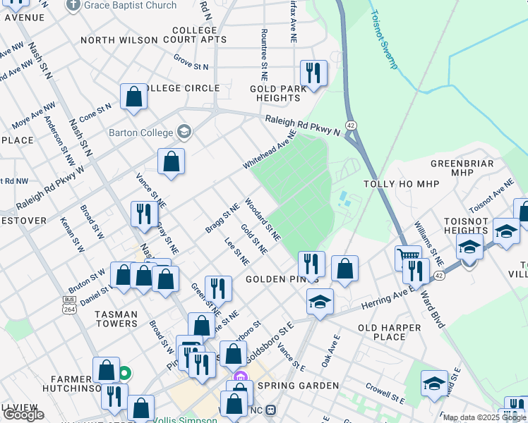 map of restaurants, bars, coffee shops, grocery stores, and more near 402 Woodard Street Northeast in Wilson