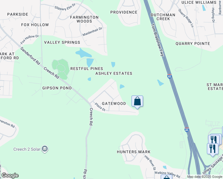 map of restaurants, bars, coffee shops, grocery stores, and more near 102 Southwood Circle in Garner