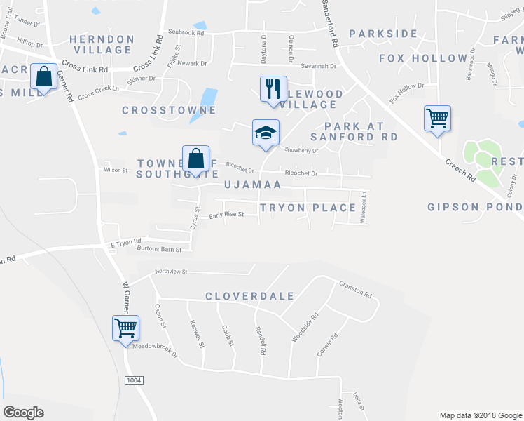 map of restaurants, bars, coffee shops, grocery stores, and more near 3617 Idlewood Village Dr in Raleigh