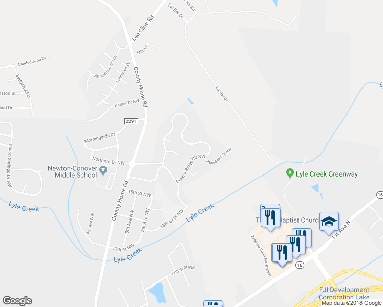 map of restaurants, bars, coffee shops, grocery stores, and more near 1713 Piper's Ridge Circle Northwest in Conover