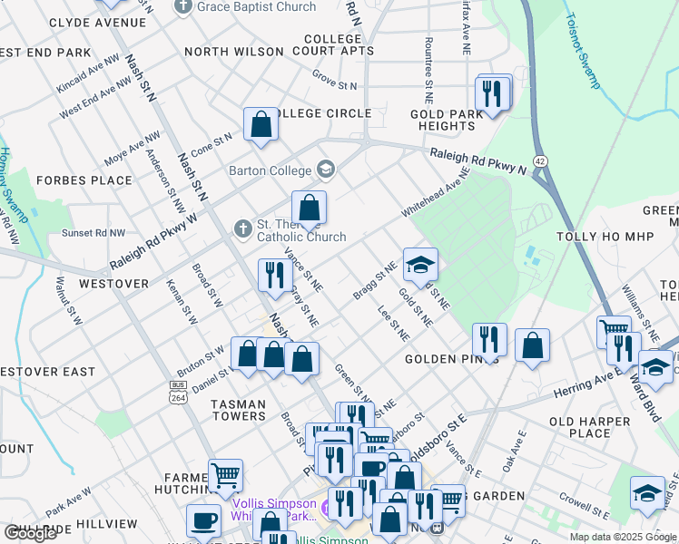 map of restaurants, bars, coffee shops, grocery stores, and more near 306 Whitehead Avenue Northeast in Wilson