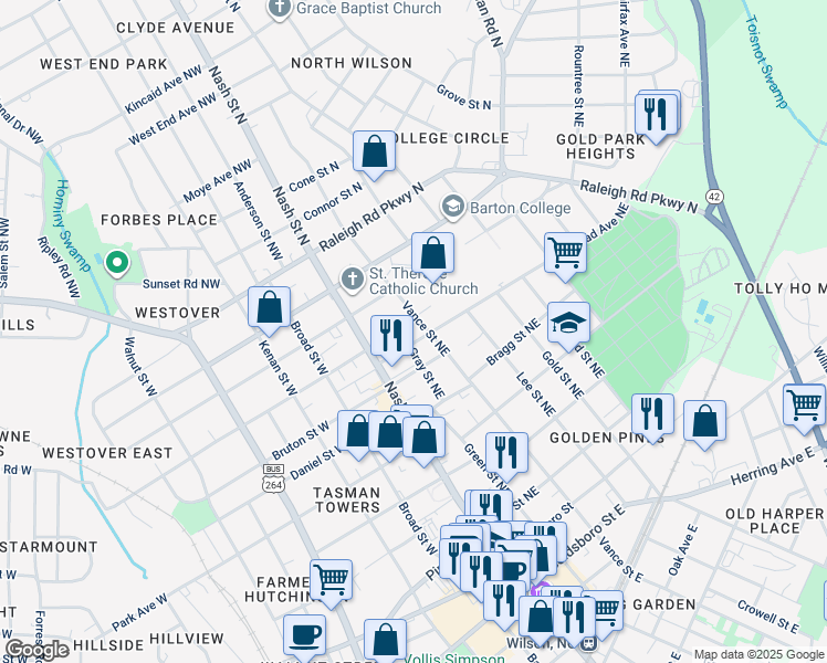 map of restaurants, bars, coffee shops, grocery stores, and more near 115 Whitehead Avenue Northeast in Wilson