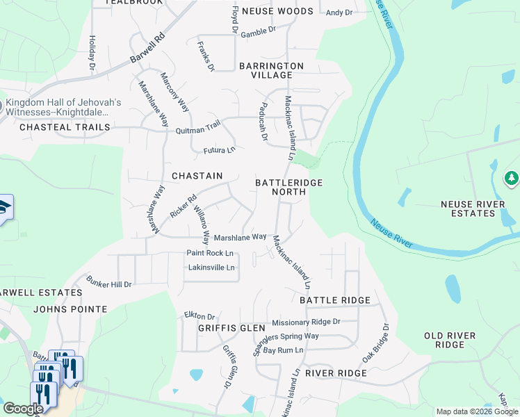 map of restaurants, bars, coffee shops, grocery stores, and more near 3461 Kernstown Drive in Raleigh