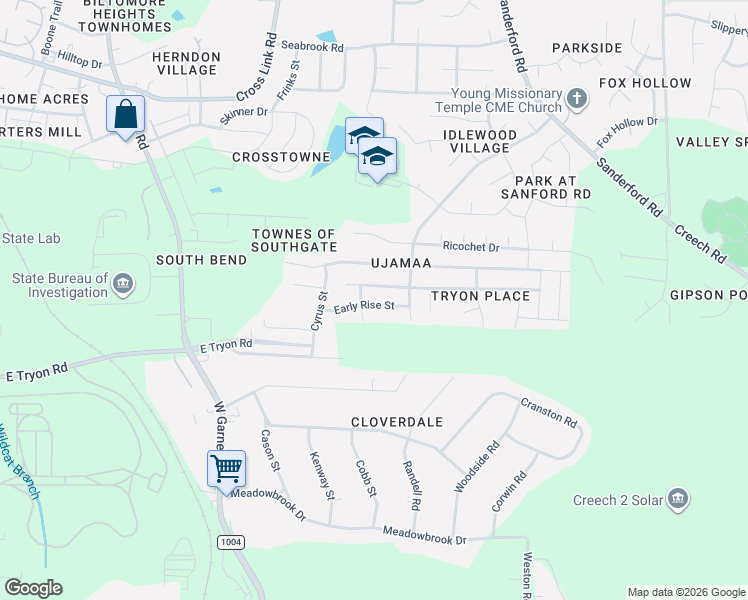 map of restaurants, bars, coffee shops, grocery stores, and more near 1113 Early Rise Street in Raleigh