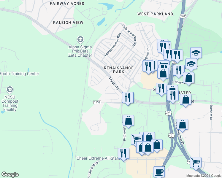 map of restaurants, bars, coffee shops, grocery stores, and more near 653 Cupola Drive in Raleigh