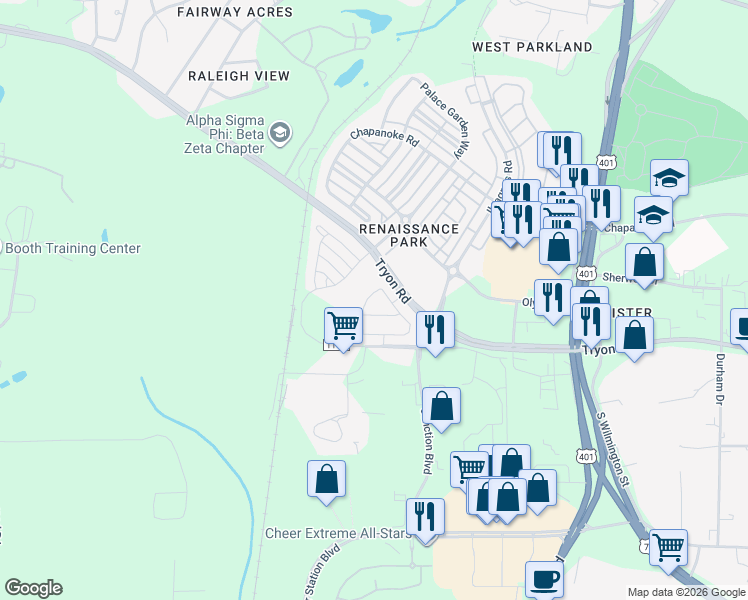 map of restaurants, bars, coffee shops, grocery stores, and more near 653 Cupola Drive in Raleigh